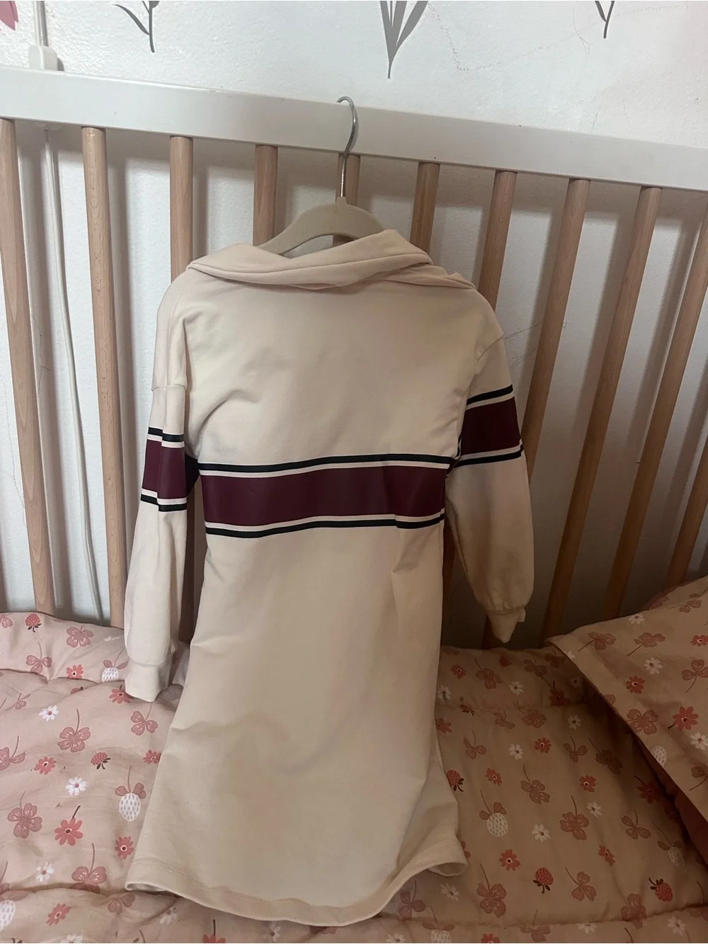 Girls' Cream Polo Dress with Burgundy Stripe
